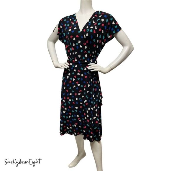 VICKY TIEL Heart LOVE Print Wrap Dress Stretchy L - Picture 6 of 13